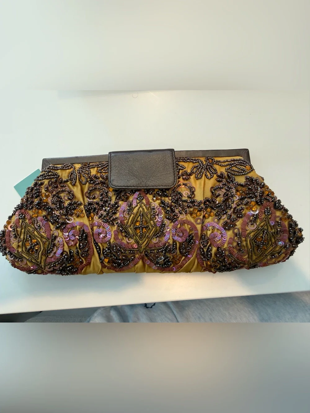 Embellished Satin Evening Clutch in Gold and Purple